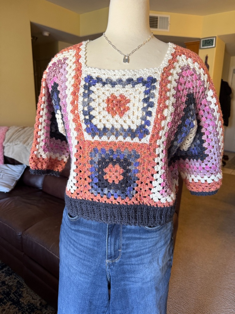 Crochet Boxy Women's Sweater - Cream, Pink & Navy & Orange